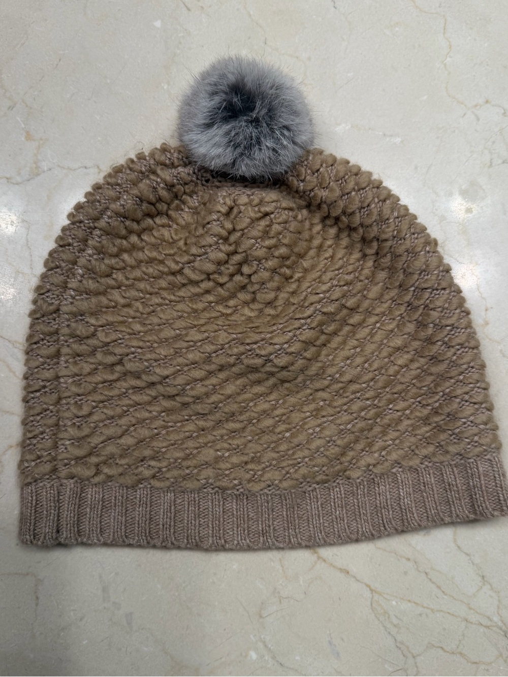 J. McLaughlin Taupe Knit Beanie with Gray Faux Fur Pom